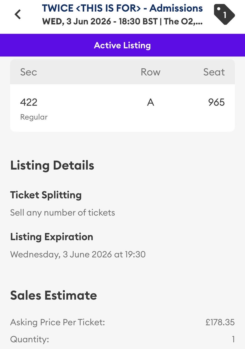 icedCHYlatte's tweet photo. Hihiii, I’m selling my TWICE ‘This is For’ tix for the first day (03.06.2026) in London, UK on my AXS Listing ☻ 
Section 422 • Row A • Seat 965 — I’m open to reasonable offers, let me know ♡!!

I’d rather go on the second day w/ my partner

#TWICE #TWICE_THISISFOR_WORLD_TOUR https://t.co/xIqhXNlQq0