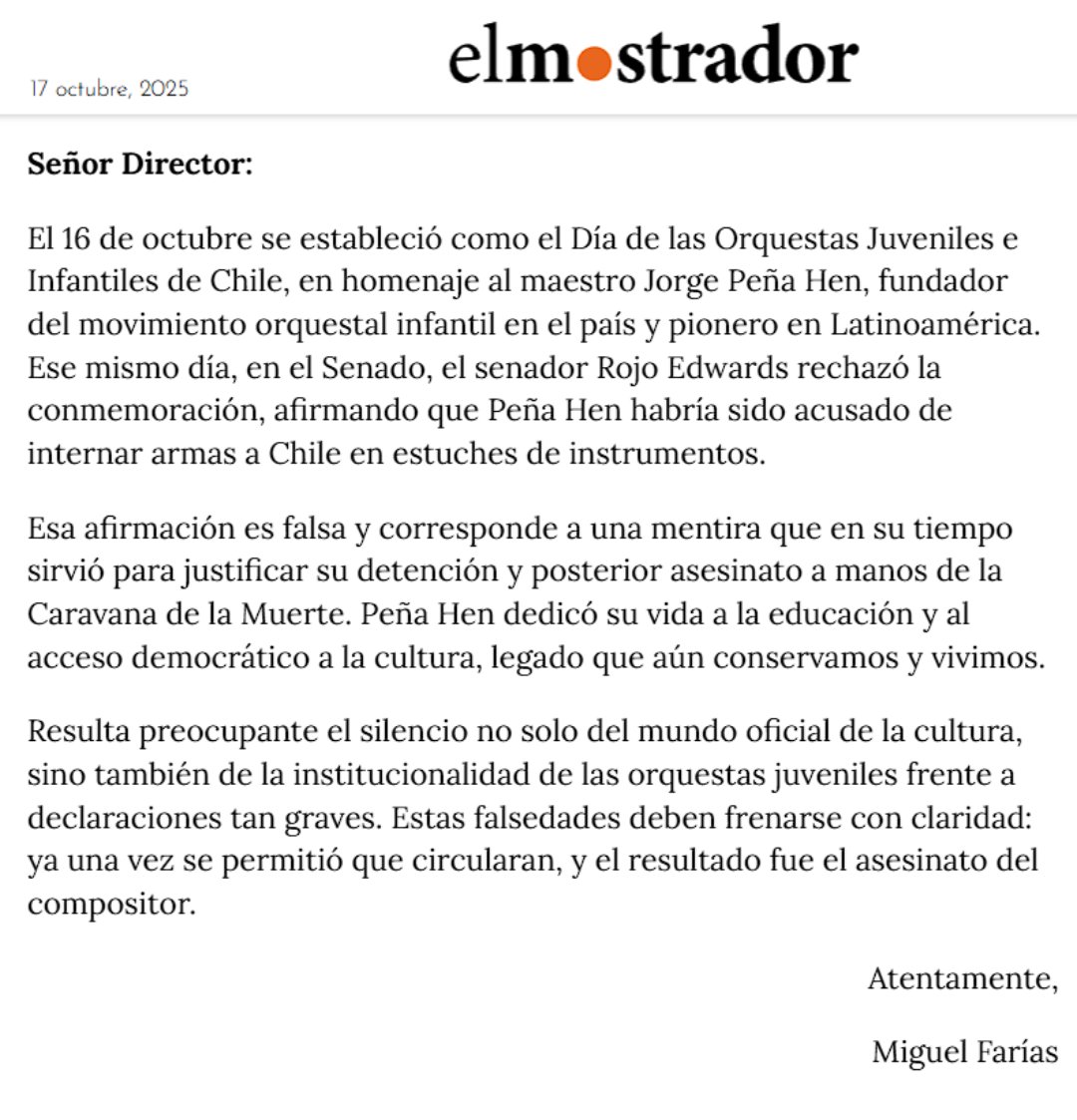 Difundimos carta de Miguel Farías a <a href="/elmostrador/">El Mostrador</a>
Nos pareció relevante por defender el legado del maestro Jorge Peña Hen y responder a las mentiras que quiere instalar la derecha. 
#Chile #UnidadPopular
