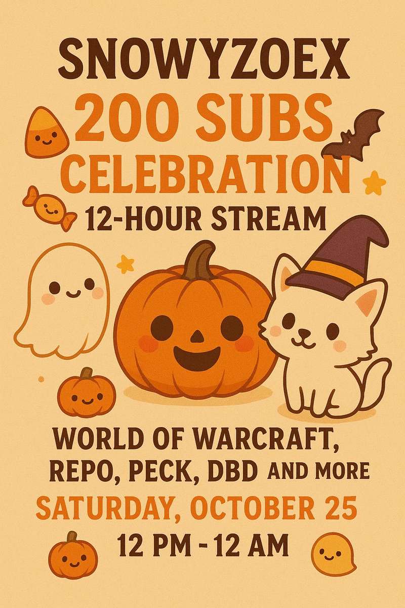 🎃 👻 12-HOUR HALLOWEEN STREAM CELEBRATION! 👻 🎃

Hey everyone! We hit 200 subs last month and it’s time to celebrate BIG! 💜

Saturday, October 25th — 12 PM(Afternoon) to 12 AM (Midnight) GMT
📍 Where: twitch.tv/SnowyZoex
💬 Set your reminders now and come hang out!!🌙