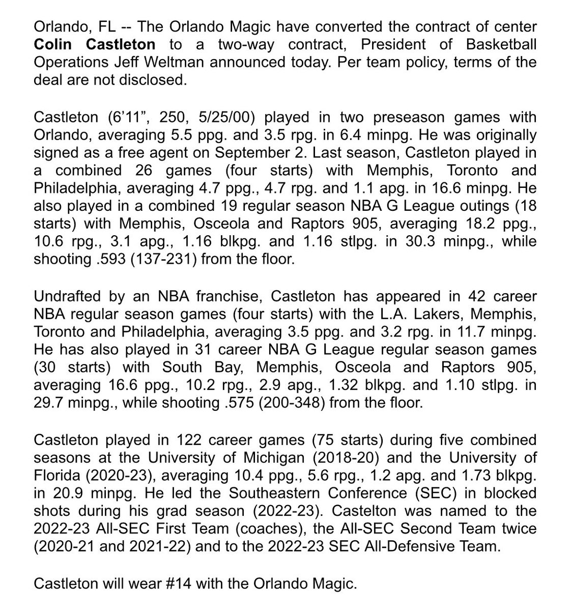 PRESS RELEASE:
@OrlandoMagic convert the contract of @Castleton_ to a two-way contract

Waive Beekman, Quiñones, Smart and Wheeler 