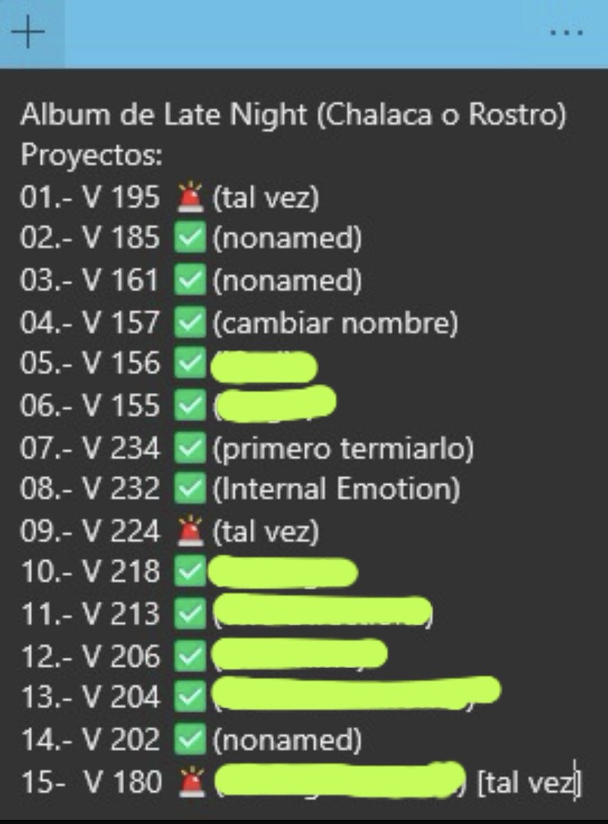 Pensando seriamente en encontrar 5 canciones más para trabajar este álbum y ver si las adiciono a la lista (para que sean 20), o sean 17 en caso las que dicen “tal vez” no me convenzan 💾