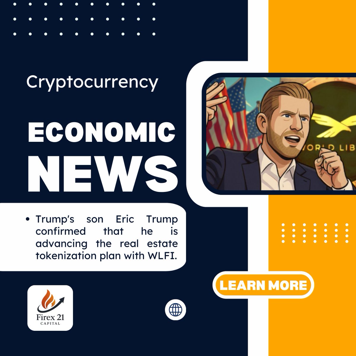 Firex21Capital's tweet photo. 🧨Real Estate Tokenization Revolution! Eric Trump Advances WLFI Project, Firex21Capital Opens Doors to Premium Investing! 🏠🔥🌍

Eric Trump confirms World Liberty Financial (WLFI) is pushing a real estate tokenization plan, using stablecoin USD1 and crypto infrastructure to https://t.co/3ZRfFAbwrW