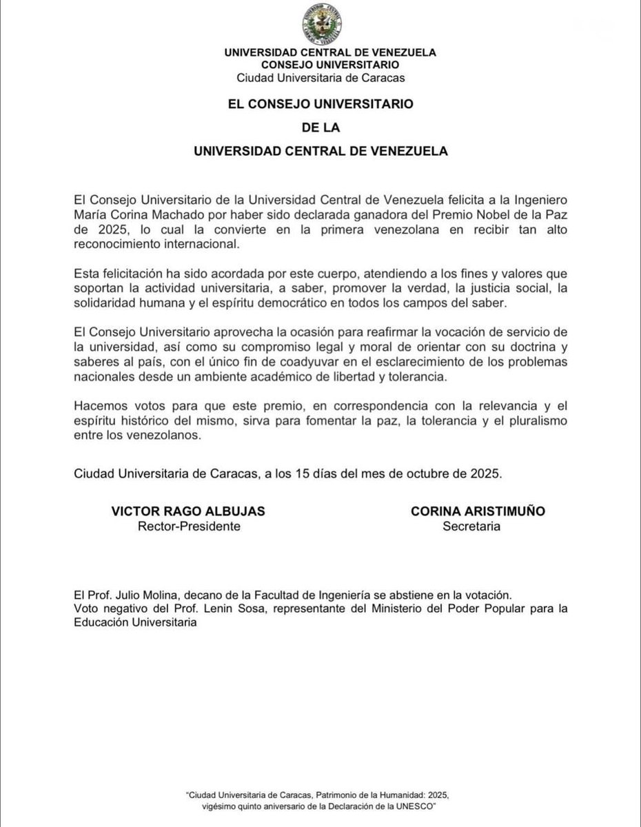 andreseduardog_'s tweet photo. El Consejo Universitario de la UCV felicita a María Corina Machado por el Nobel de la Paz 2025. https://t.co/SERg3xbRw5