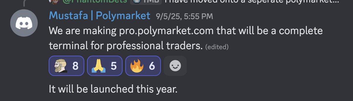 BREAKING: Polymarket is developing a pro version targeted at professional traders. 

According to one of the developers <a href="/mustafaaljadery/">Mustafa</a>, the launch is planned by the end of this year.

polymarket.com/?via=bet