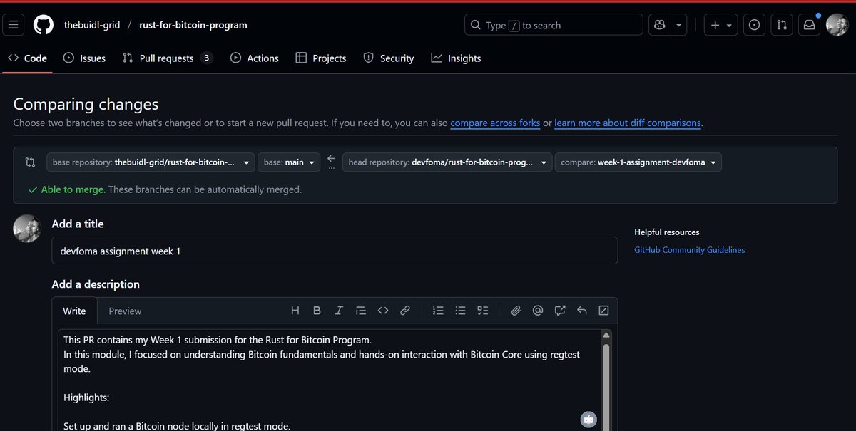 devfoma's tweet image. Session 2 for the #rustforbitcoin training was done yesterday with @0xGideonBature,
I learnt how to generate addresses, send test tokens to another address, read the data of that transaction and a lot more.
Assignments done, PR created and ready for the next challenge. 🚀💪