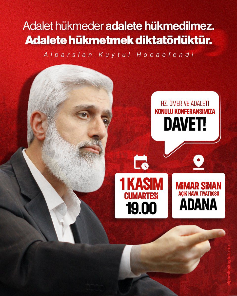 Hz. Ömer ve Adaleti Konulu Konferansa Davet!

🗓️ 1 Kasım Cumartesi 19.00
📍Adana Mimar Sinan Açık Hava Tiyatrosu 

1Kasımda KonferansaDavet
#AdanadaBüyükBuluşma