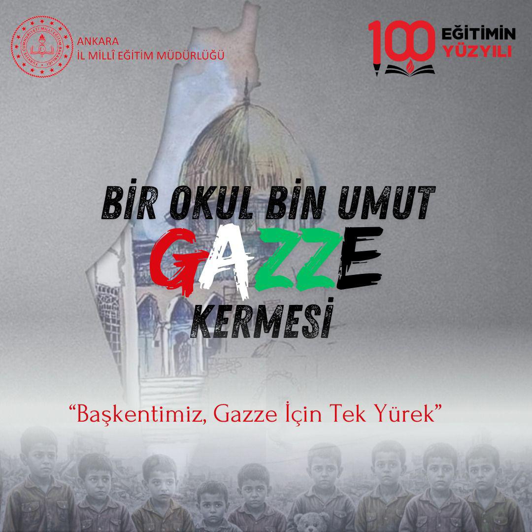 Ankara İl Millî Eğitim Müdürlüğümüz koordinasyonunda; 20-24 Ekim haftasında, tüm resmi ve özel okullarımızda,
📌"Bir Okul,Bin Umut;Gazze Kermesi"düzenliyoruz. Başkentimizin Gazze için tek yürek olduğu kermesin gelirleri AFAD aracılığıyla Filistin'e gönderilecektir.
<a href="/tcmeb/">Millî Eğitim Bakanlığı</a>