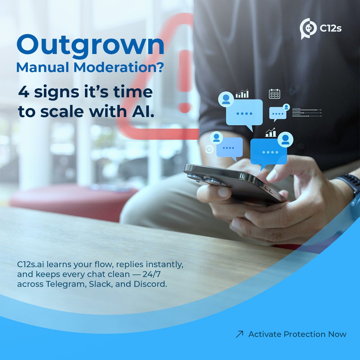 4 signs your community is outgrowing manual moderation

1️⃣ Mods are replying to the same questions daily.
2️⃣ Spam keeps slipping through at odd hours.
3️⃣ Analytics are basically guesswork.
4️⃣ The team is exhausted.

That’s the growth ceiling.
C12s.ai breaks it.
It