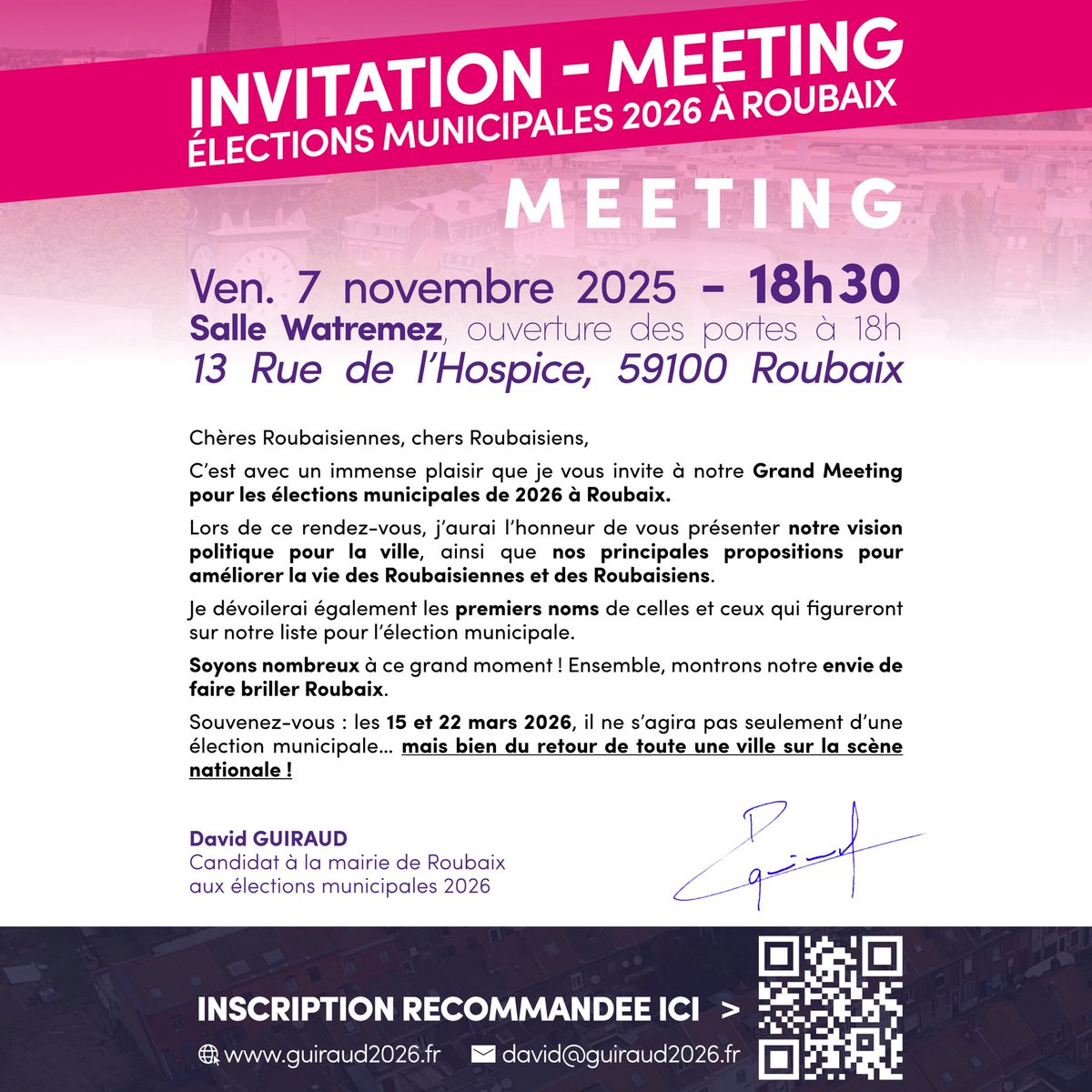 🚨 Grand meeting de campagne le 7 novembre à Roubaix !

📅 Vendredi 7 novembre 2025
🕡 À partir de 18h30
📍 Salle Watremez, à Roubaix
ouverture des portes à 18h00

Nous y présenterons les premiers visages de notre équipe de campagne, les premières propositions concrètes de notre