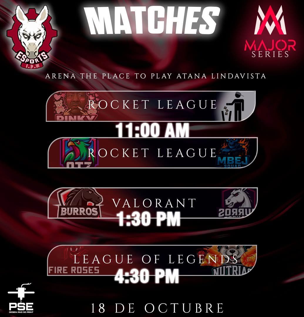 ¡HOY es la GRAN FINAL de #MajorSeries! 💥
El menú:
🚀 Doble dosis de Rocket League
🎯 Estrategia y headshots en Valorant
👑 El nexo caerá en League of Legends
La historia se escribe hoy. ¿Te la vas a perder? Te esperamos en Arena The Place to Play, Atana Lindavista. #EsportsIPN