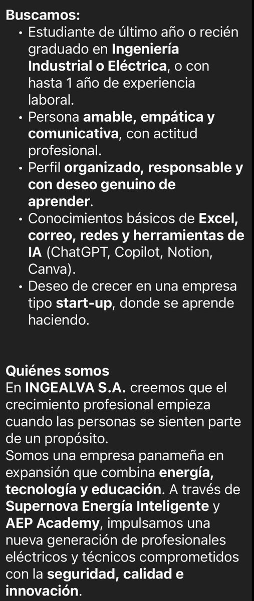 Se busca asistente de ingeniería

Puede ser estudiante de ultimo año o recién egresado.

Salario: 700 x 3 meses y revisiones cada cierto tiempo.

Durante el período de prueba es presencial porque recibirá entrenamiento, y luego hibrido.

virginia.ramos@aepacademy.onmicrosoft.com