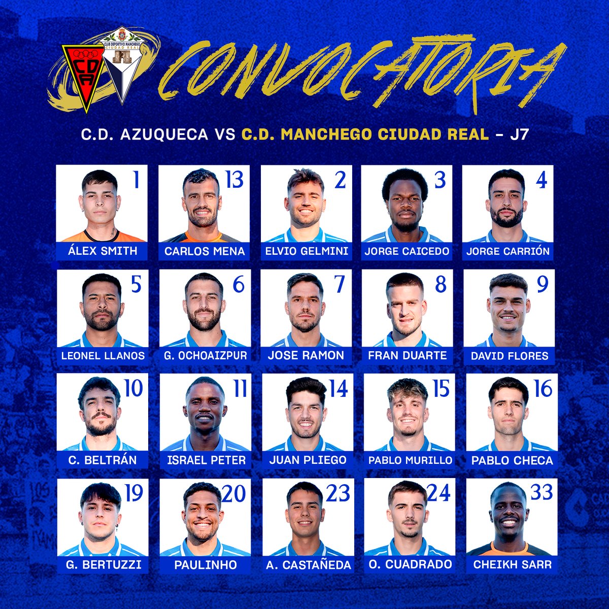 🔵 CONVOCATORIA ⚪️

🆚 <a href="/CDAzuqueca/">C.D. Azuqueca</a>
🗓 Domingo 19/10
⏰ 12:00h
🏟 Complejo Deportivo San Miguel
🏆 Tercera RFEF - Grupo XVIII

#SomosCLM #FútbolCLM #CiudadReal

<a href="/FFCM_es/">FFCM</a> <a href="/rfef/">RFEF</a>

#AupaManchego 💙🤍