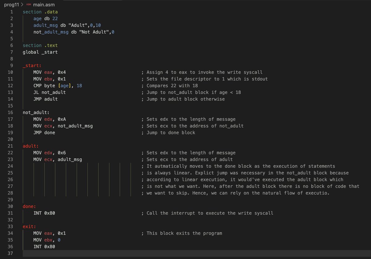 suyashpurwar06's tweet image. A program written in x86 assembly to print different messages based on age. Now, I'll learn stack management and functions, compile C code to ASM, and learn that way.
This weekend, I want to learn how Relocation in the Linker works by inspecting the object and executable files.