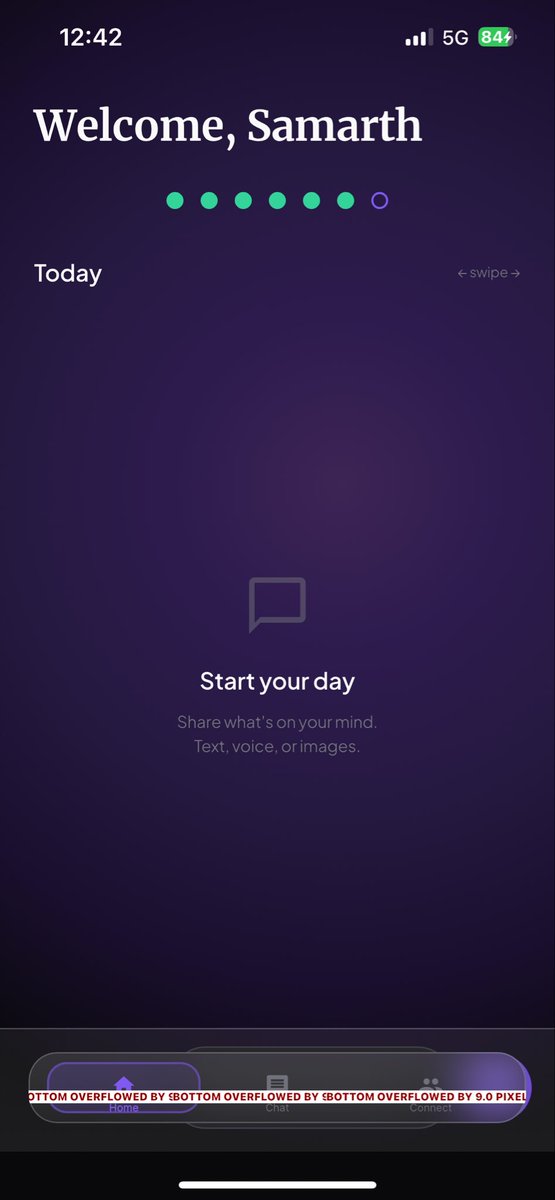 samarthrai_'s tweet photo. Day 5 - @enter_delta

Backend connections have started and @unspiral_app is no longer just a UI shell

In other news, I broke the home page 🙃

#buildinpublic #flutterdev https://t.co/TLUvhLa70c