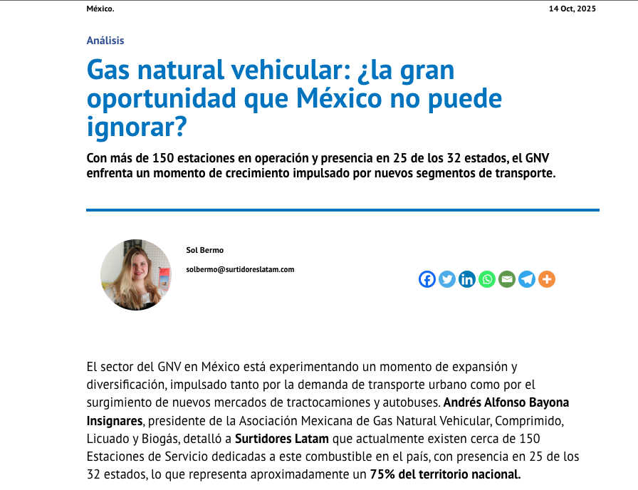 En entrevista para Surtidores LATAM México Andrés Bayona presidente de la AMGNV dijo que la dinámica del sector se está reactivando gracias a la creciente cantidad de vehículos y la ventaja competitiva que ofrece el gas natural
Mira la entrevista en
surtidoreslatam.com/gas-natural-ve…