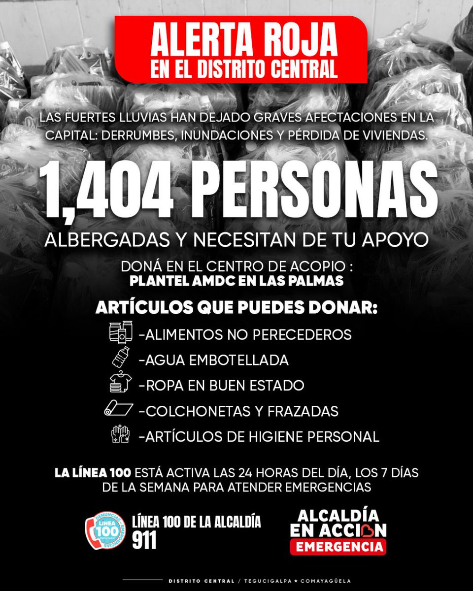🌧️💛Más de 1,400 personas siguen  albergadas y necesitan tu apoyo más que nunca tras las lluvias que ocasionaron deslizamientos en distintos puntos de la capital. 🙏🏽

📍Acercate al plantel de la AMDC en Las Palmas y doná para quienes más lo necesitan. Tu aporte es una bendición