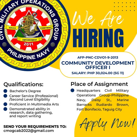 Philippine_Navy's tweet image. WE ARE HIRING | The Civil Military Operations Group-Philippine #Navy has a vacant position for Civilian Human Resource which is authorized to be filled.
👉🏽facebook.com/share/p/1Es7X9…
#ProtectingtheSeasSecuringOurFuture
#ModernandMultiCapablePHNavy
#OneAFPOnePhilippines…