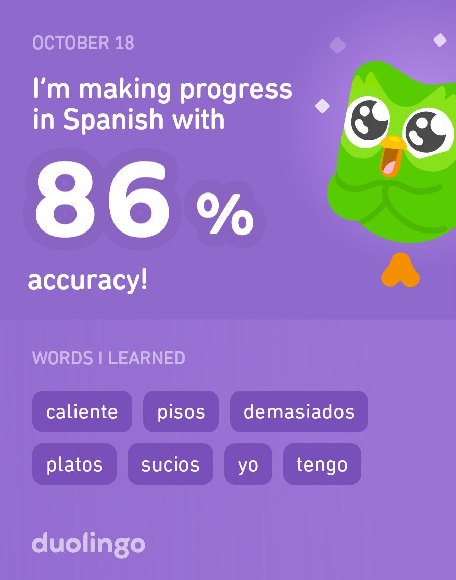 Deborum's tweet image. I’m learning Spanish on Duolingo! It’s free, fun, and effective.
