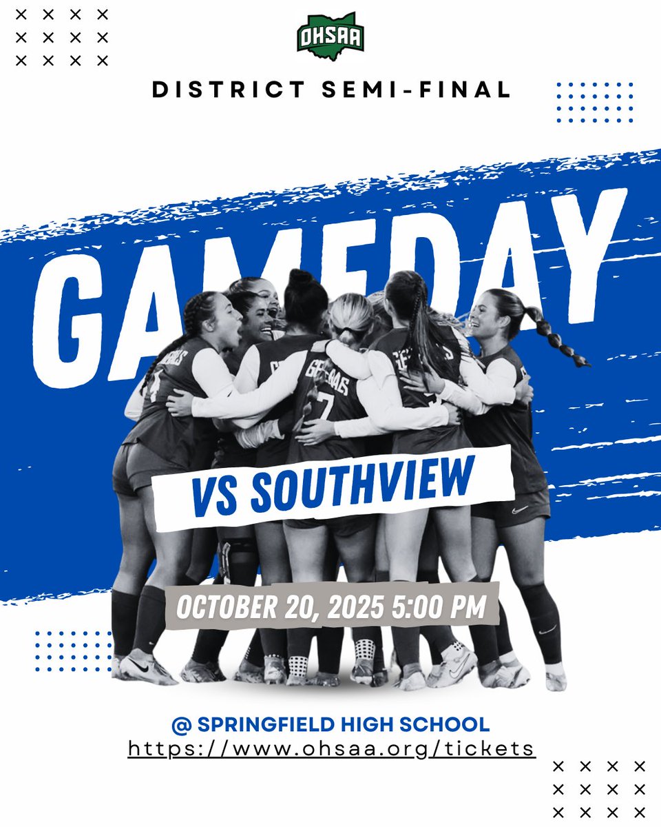 🚨 Game Day 🚨
⚽️ District Semi-Final
🆚 Sylvania Southview
📆 October 20, 2025
🕚 5:00 PM
📍 Springfield High School
🎟ohsaa.org/tickets