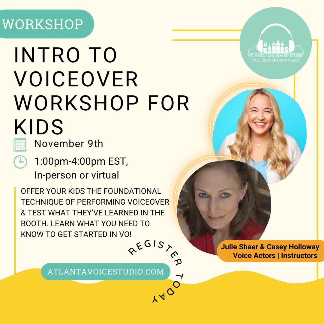 Does your kid wanna know what they sound like on the mic? In our Intro to Voiceover for Kids Workshop, Julie Shaer &amp; Casey Holloway will introduce your child to a fun &amp; creative world &amp; show them how to book jobs!

Learn more &amp; Sign up at atlantavoiceoverstudio.com/what-we-offer-…

#vo #voiceover
