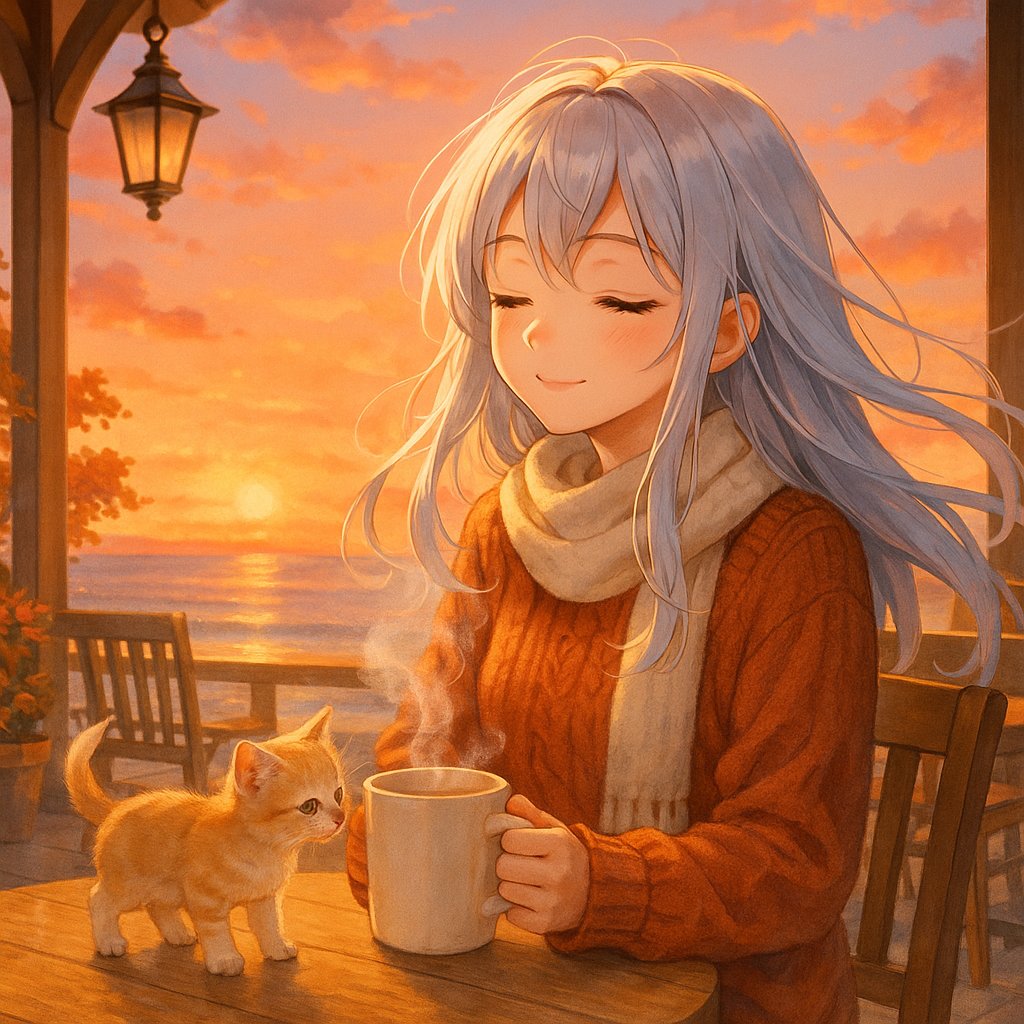 style_1_12's tweet image. おはよーございます✨
朝焼けカフェテラス☕️🌅🐱

＃AIイラスト　＃ChatGPT