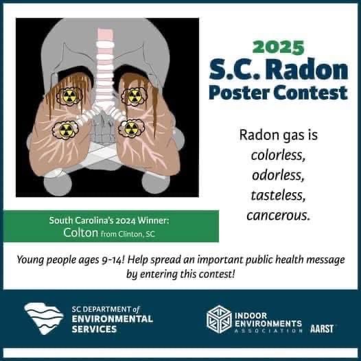 #ICYMI there’s still time to enter! 🎨 Students ages 9–14 can submit their artwork for the 2025 S.C. Radon Poster Contest!

Radon is a hidden danger — invisible, odorless, and can cause cancer.

💸 Win prizes 
🗓️ Deadline: Oct.
🔗 des.sc.gov/radon