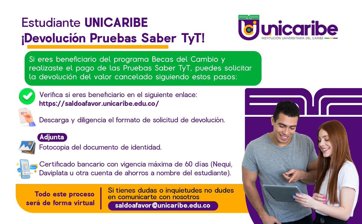 ⚠️ ¡Atención beneficiarios de Becas del Cambio!⚠️

¿Ya solicitaste la devolución de tu dinero por las pruebas TyT? 💰
¡Sigue los pasos y reclama tu beneficio! ⬇️

#MásOportunidadesParaLaGente 
#SomosCaribe