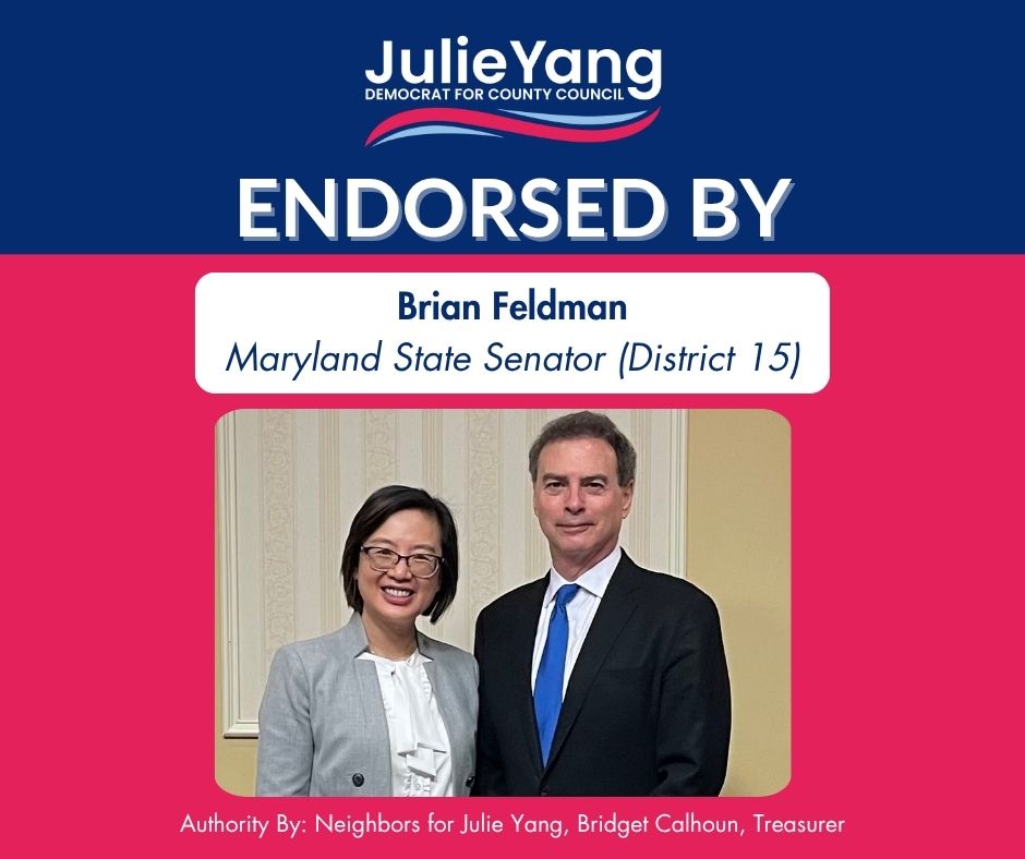 JulieYangMoCo's tweet photo. 📢 UPDATE: I'm honored to have MD State Senator @BrianJFeldman (District 15) endorse my campaign for Montgomery County Council! His support means we have allies in Annapolis who’ll help us align education with economic opportunities in our county. Join us: https://t.co/3tSOBlJ5Z5 https://t.co/UK457JDnLa