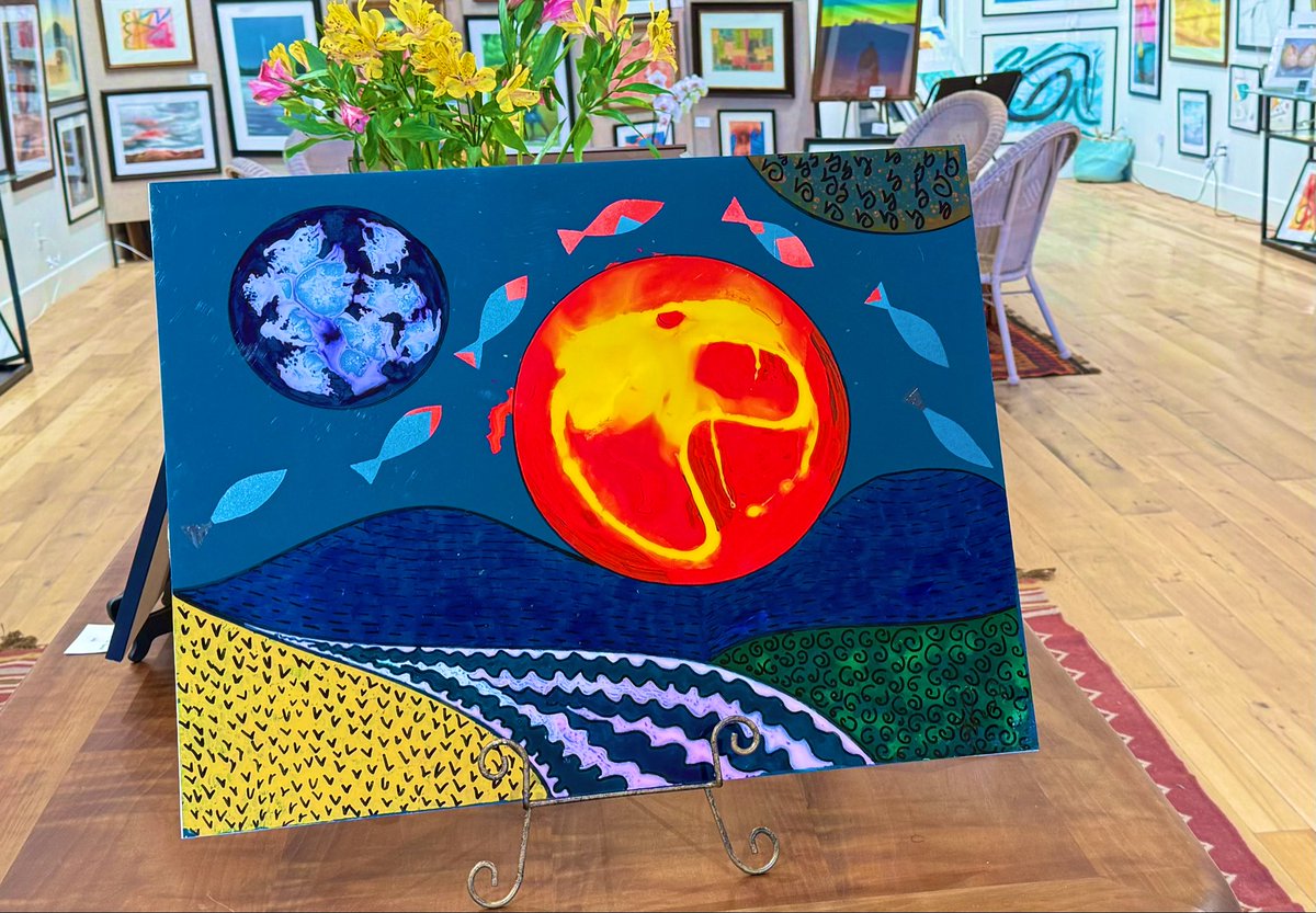 For lovers of color and abstract art! 
New in my gallery today! Mixed media reverse painting on plexiglass. Title Seven Fishes. 22x28. Unframed so easy up ship anywhere in the US. Support independent artists in America! If you follow me support my art!