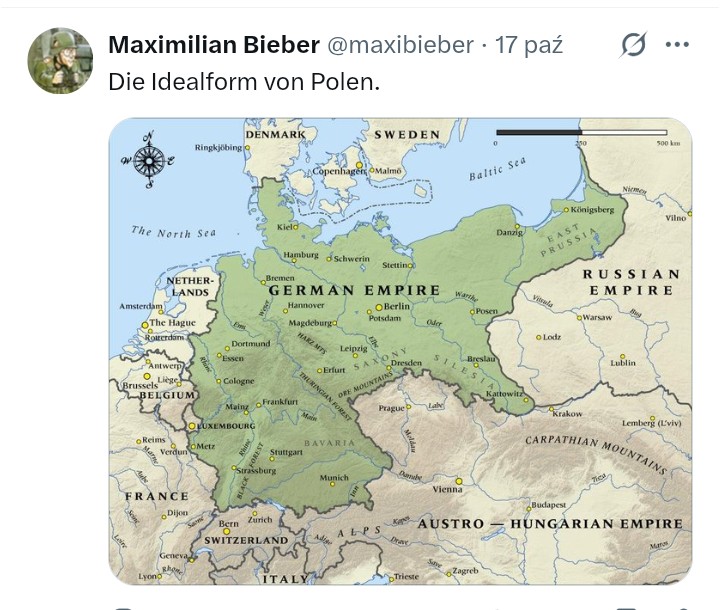 PanCogito7's tweet image. To mówicie, z AfD rozmawiać nie wolno, jak twierdzi @Bart_Wielinski ? To proszę, niejaki Maximilian Bieber, który chwali się, że jest członkiem młodzieżówki CDU/CSU (w sojuszu z PO), wrzuca taką oto mapę z dopiskiem &quot;idealny kształt Polski&quot;.