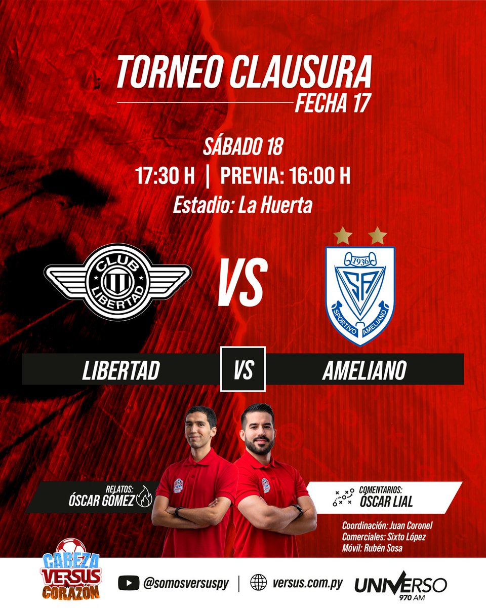 ⚽️¡El "Gumarelo" y la "V Azulada" quieren reencontrarse con el triunfo!

#Libertad vs #Ameliano (17:30) 

📆#Fecha17 | 🏟 La Huerta 
🏆📻 #Clausura2025 por @Universo970 y La Nueva 107. 5 FM (CDE).
📹YT: youtube.com/watch?v=nBk48r…
🎙Relata: <a href="/oscargv41/">Oscar Gómez</a>
🎤Comenta: <a href="/LialOscar/">Oscar Lial</a>
📲Móvil: