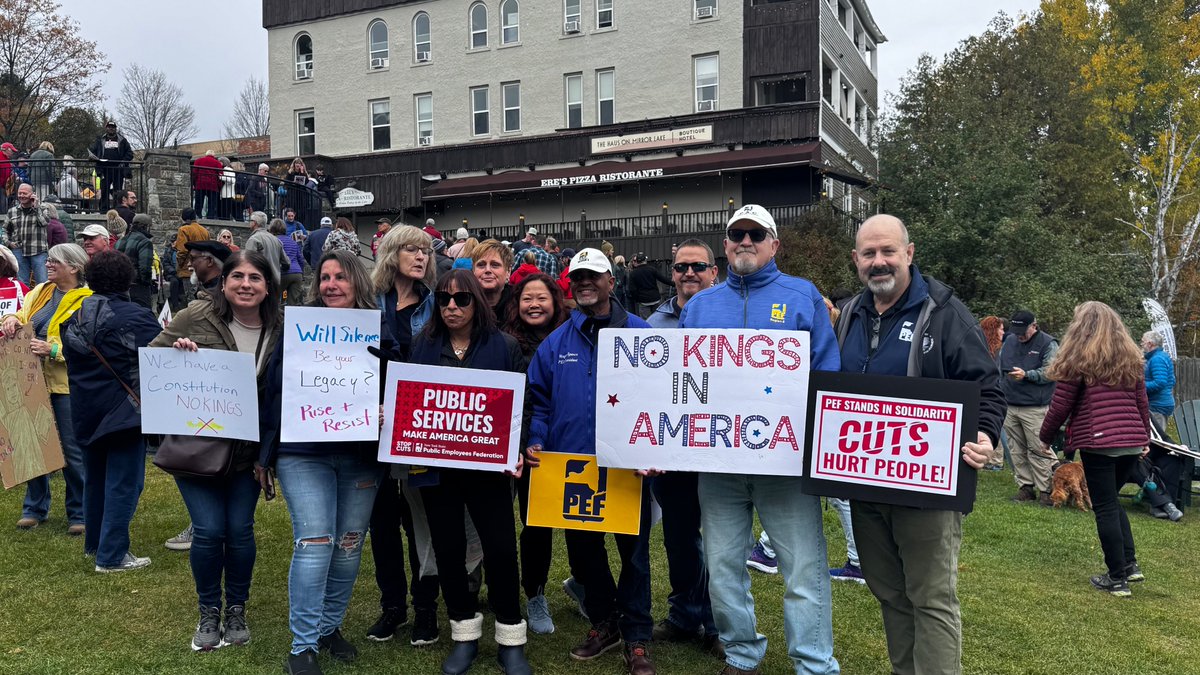 NYSPEF's tweet photo. Scenes  from today's #NoKings rally in Lake Placid with @nysut @SEIU1199_NE and more on the eve of PEF's 47th Convention. Video of President Spence's speech to come. https://t.co/PTRp6etMY0