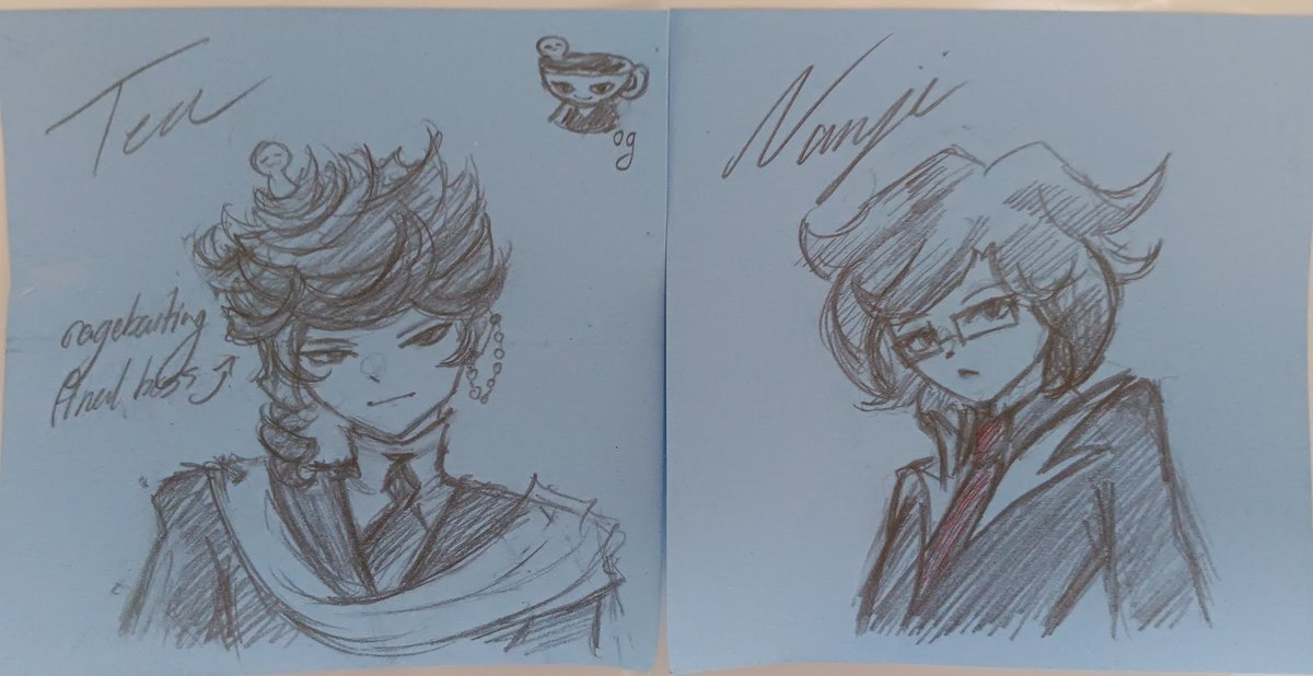 alr, i gotta stop drawing altogether until i get accepted into college, so here are some last few doodles of <a href="/Tea_kyot/">Teakyot | My Manga (Death's Taste) Is out!!!</a> (humanized) and <a href="/NanjiCecilia/">Nanji</a>'s personas

gotta lock in with application and scholarships before i get disowned &lt;/3