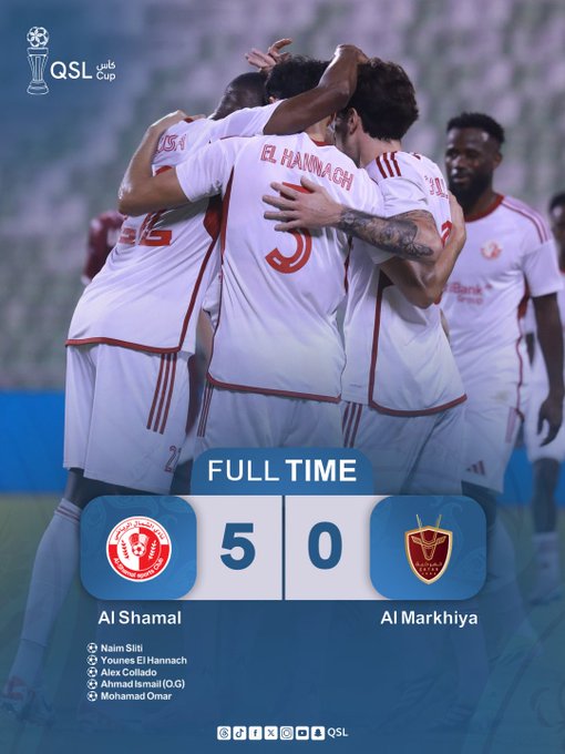 Graphic displays full-time score of 5-0 with Al Shamal logo on left and Al Markhiya logo on right. Text lists goal scorers Ali Salem Hamal, Mohamed Alaa Al Deen, and Oussama Al Nassar for Al Shamal. Background image shows group of male soccer players in white and red jerseys hugging on green field with stadium seating visible. QSL watermark appears at bottom.