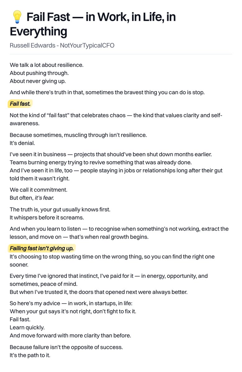 NYTypicalCFO's tweet image. We call it resilience.
But sometimes, muscling through isn’t strength — it’s denial.
When your gut says it’s not right, fail fast, learn, and move on.

#FailFast #Leadership #Mindset #Startups #GrowthMindset #Resilience
