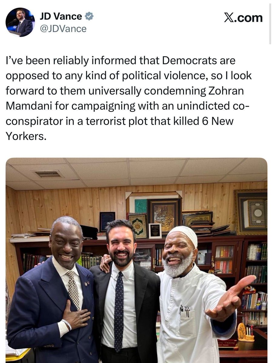 🚨 BREAKING: Vice President JD Vance is now GOING OFF on Muslim communist Zohran Mamdani for posing and smiling with an unindicted co-conspirator in a TERROR*ST PLOT that resulted in the deaths of 6 New Yorkers.

🔥🔥

"I’ve been reliably informed that Democrats are opposed to