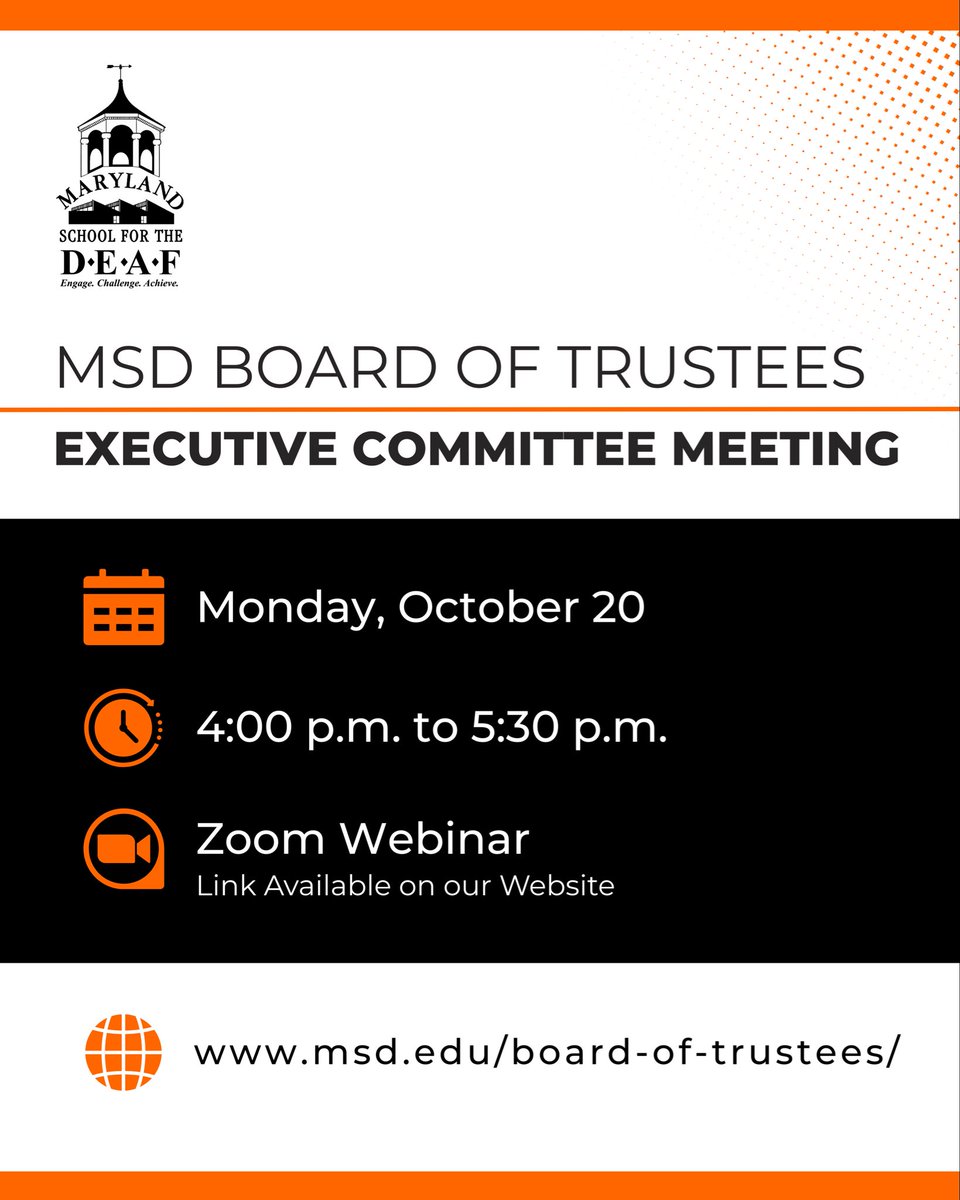 The MSD Board of Trustees Executive Committee will hold a virtual meeting on Monday, October 20, 2025, from 4:00 p.m. to 5:30 p.m.  

Access the public notice and meeting agenda at msd.edu/board-of-trust….