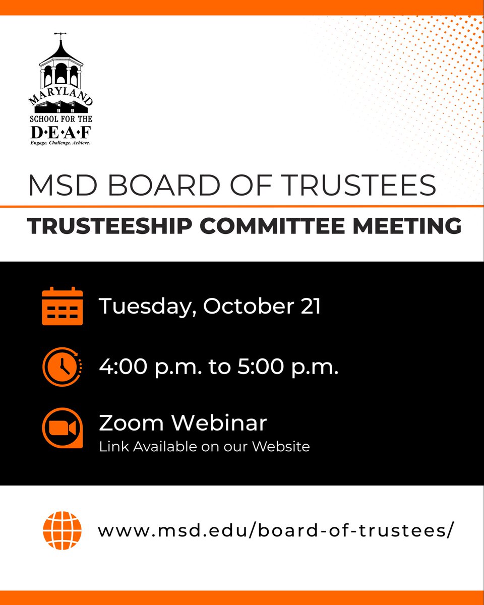 The MSD Board of Trustees Trusteeship Committee will hold a virtual meeting on Tuesday, October 21, 2025, from 4:00 p.m. to 5:00 p.m.  

Access the public notice and meeting agenda at msd.edu/board-of-trust….