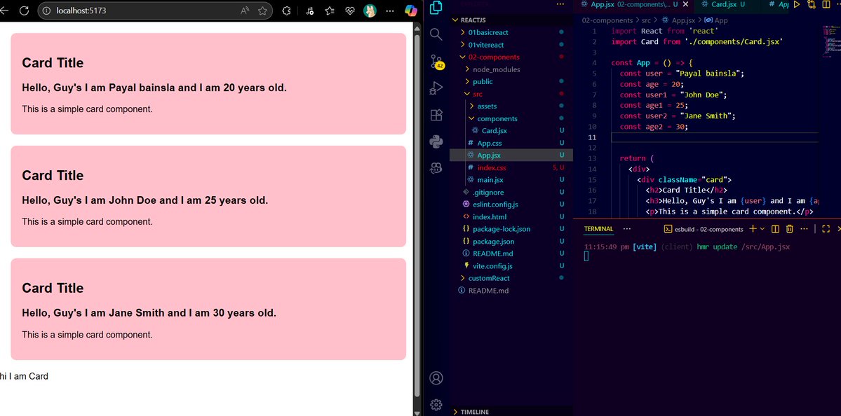 payalbains53359's tweet image. Hey Guy's
Here's what I explored today:
✅ Learned how to print variables in JSX using {}
✅ Understood the concept of props drilling and how data flows through components
✅ Built a mini project to apply these concepts in action and see React in motion