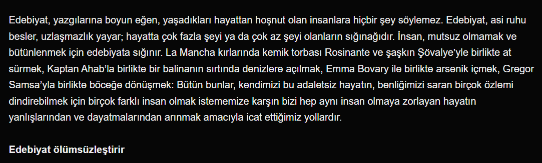Edebiyat, asi ruhu besler, uzlaşmazlık yayar; hayatta çok fazla şeyi ya da çok az şeyi olanların sığınağıdır.
İnsan, mutsuz olmamak ve bütünlenmek için edebiyata sığınır.
İlgilisine ⤵️
blog.metu.edu.tr/korkuyu/yazila…
#serhatadem
#aksamokumalari