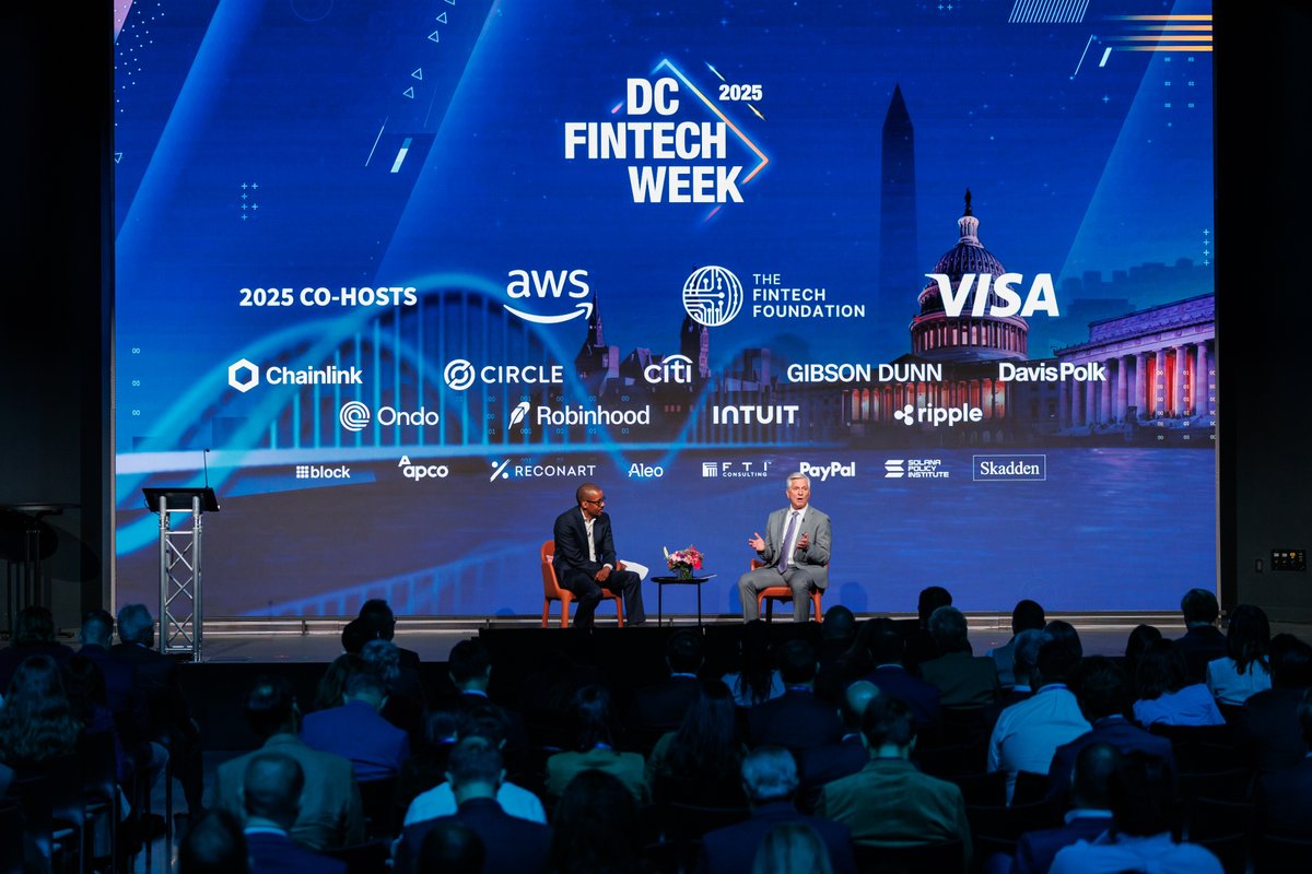 ChrisBrummerDr's tweet photo. Huge huge thanks to @SECGov Chair Paul Atkins, @FDICgov Acting Chair Travis Hill, and @federalreserve Board Governor Waller for joining me on stage for the first day of #DCFintechWeek 2025.
Each year, the sector’s leaders around the world--from TradFi to DeFi to AI--bring their best ideas, questions, and visions for what’s next. The conference has grown over the last 8 years, as has the conversation.
In years past, the notes from our regulators often reflected caution, introspection, and the weight of lessons learned. This year, however, there was a new focus—a shared conviction that whether it be the long decline in IPOs or the years long decline in new banks, energy and focus must be brought to bear on reigniting capital and economic activity. And that technology, paired with enabling regulation, can help us get there.
There was, remarkably, also a very clear-eyed recognition that the road ahead would not always be smooth. Legacy firms will be disrupted. Some technologies will falter. Rules may not always keep pace. Yet amid the realism was something just as powerful—a unified belief that the cost of inaction is certain: less innovation, less investment, less access to capital, and slower growth.
The take was a reminder that even for regulators, building the future of finance is not about avoiding risk, but about meeting it with courage, collaboration, and creativity. Time will tell how that optimism fares in a world of economic change, but hopefully its core spirit—of openness, innovation, and ambition—finds a lasting home in our regulatory DNA.