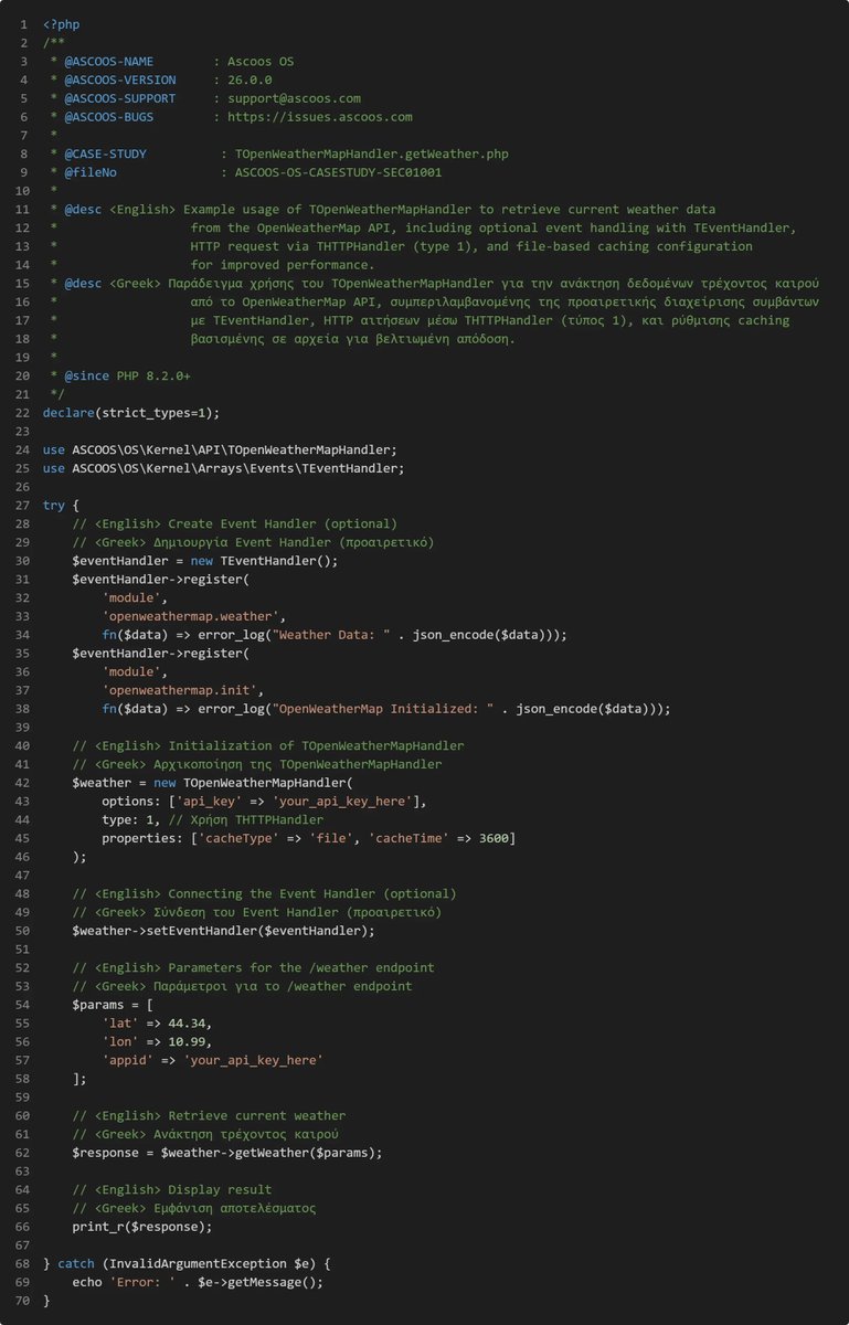 ascoos's tweet image. Ascoos OS: Get weather from TOpenWeatherMapHandler! โ๏ธ๐ค๏ธ
Unlock real-time weather data with just a few lines of PHP. Our TOpenWeatherMapHandler handles API calls, caching & events effortlesslyโperfect for your next app!
See the full example below ๐#AscoosOS #PHPDev #WeatherAPI