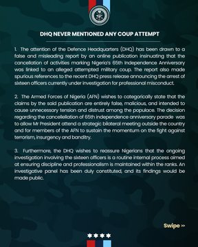 Yellow building with glass windows and Defence Headquarters sign, Nigerian and Armed Forces flags flying on poles in front, parked vehicles nearby, official press release text overlay stating DHQ never mentioned any coup attempt with national colors.