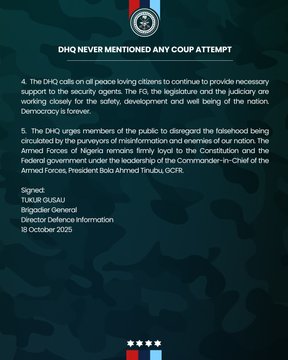 Yellow building with glass windows and Defence Headquarters sign, Nigerian and Armed Forces flags flying on poles in front, parked vehicles nearby, official press release text overlay stating DHQ never mentioned any coup attempt with national colors.