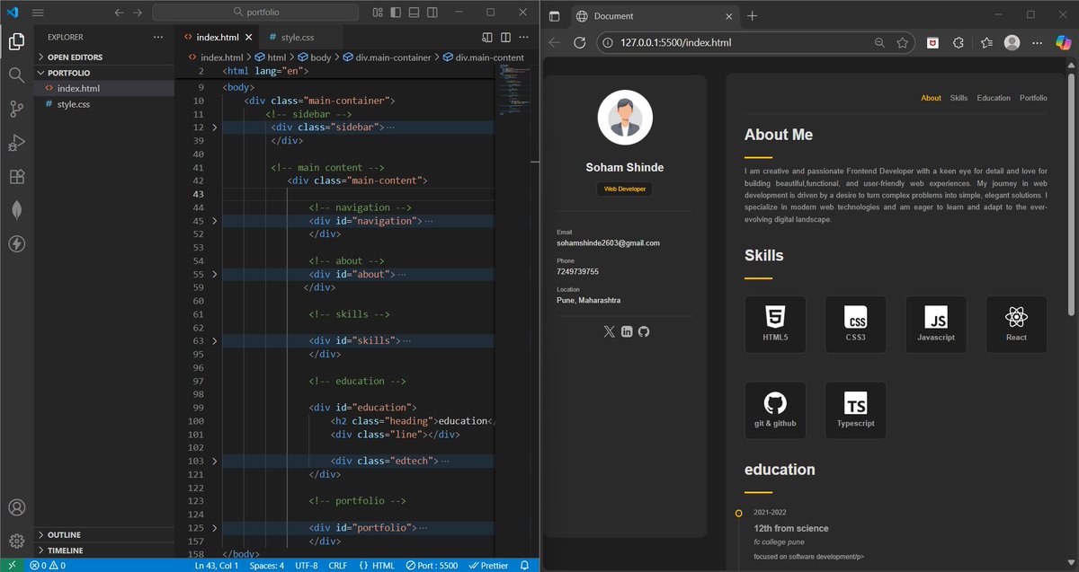 sohamm_shinde's tweet image. Day 15 #WebDev I deployed my first personal portfolio website!
CSS Tech used:
CSS Grid for main layout.
position: sticky for the scrolling sidebar.
auto-fit, minmax for the responsive skills grid.
๐ check here:
sohamportfolio263.netlify.app
#CoderArmy @rohit_negi9 @adityatandon02