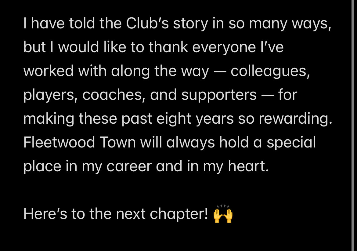 After eight years at #ftfc, it’s time to share that I will be leaving the Club in November 🤝

<a href="/ftfc/">Fleetwood Town Football Club</a> x <a href="/WaterfordFCie/">Waterford FC</a>, thank you 🙌