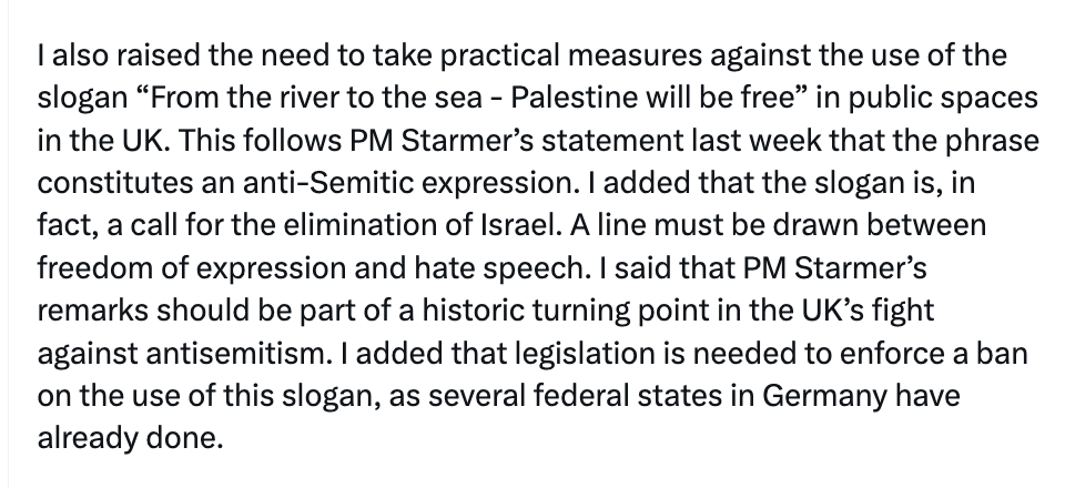 Here, the Israeli foreign minister is demanding the British government pass legislation banning speech in support of Palestinian freedom.