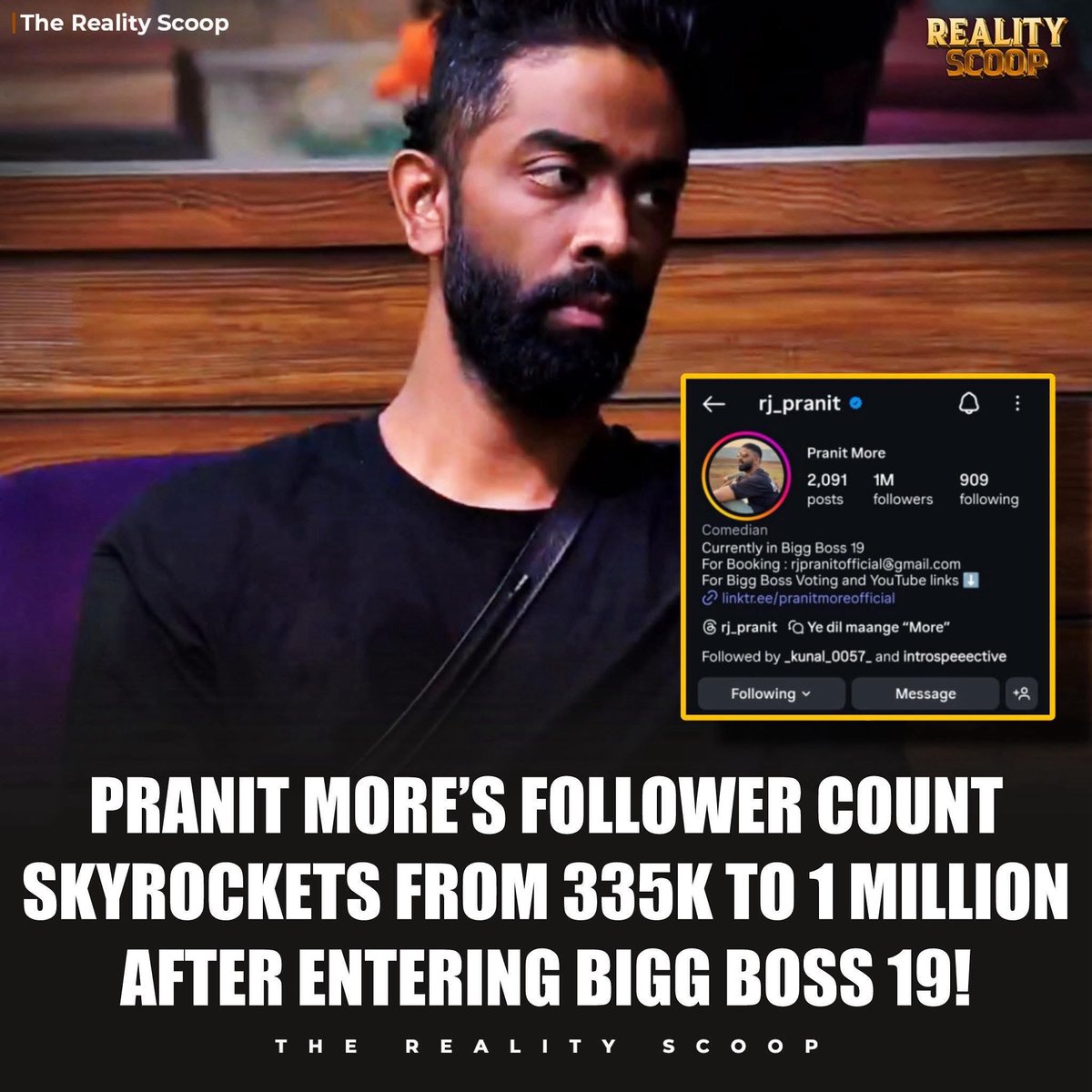From 335K to 1M — Pranit More’s fanbase exploded after his Bigg Boss 19 journey began! 📈
This massive growth proves his rising popularity among viewers ❤️
#PranitMore #BiggBoss19 #RealityScoop #WeekendKaVaar #TrendingNow #PranitKiPaltan
