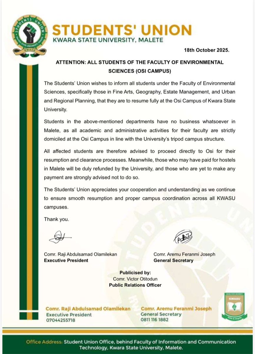 thekwasusu's tweet photo. Official Notice to All Students of the Faculty of Environmental Sciences (Osi Campus)

#PeoplesEra https://t.co/vAZ6S4RHcR