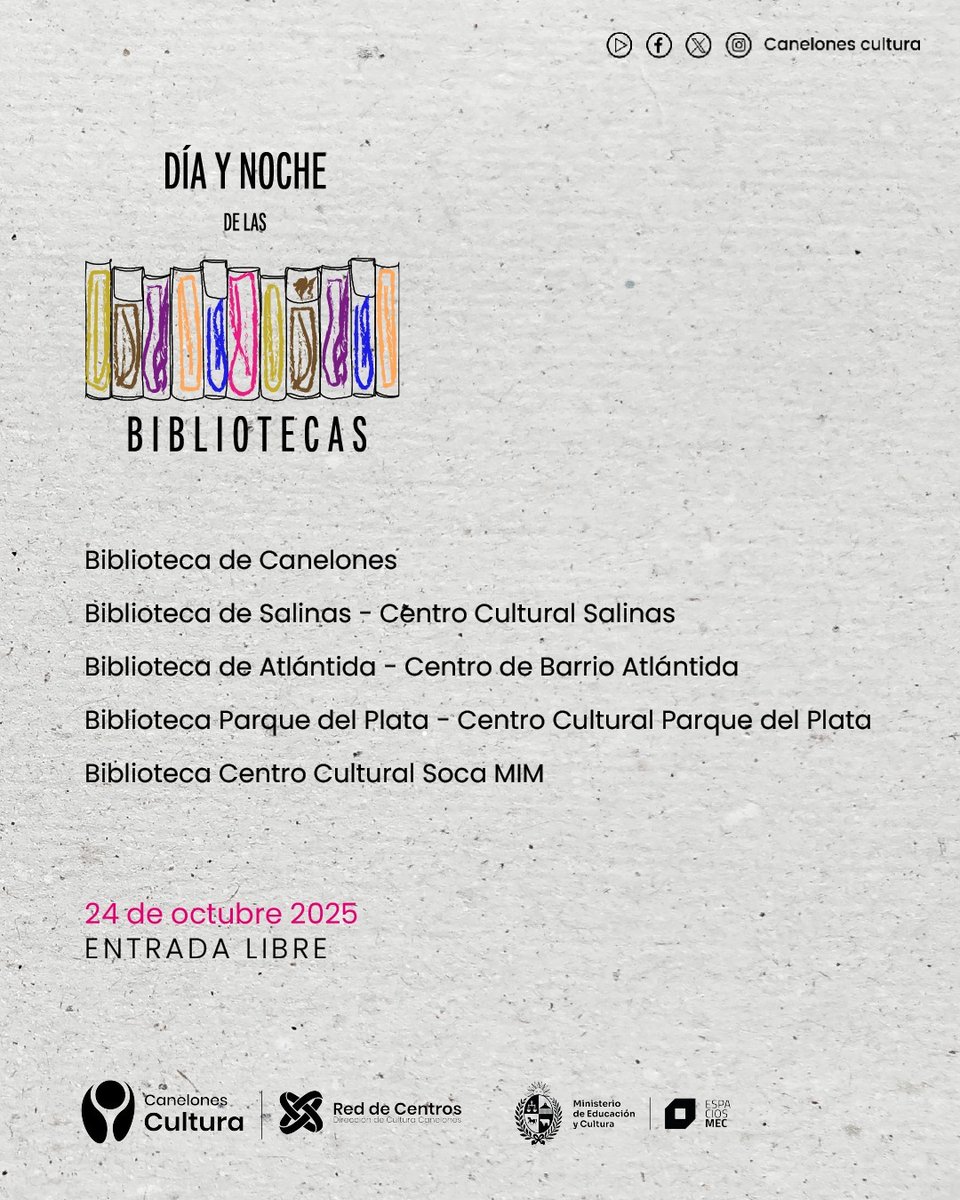 Celebramos el #DíaInternacionalDeLaBiblioteca en las Bibliotecas y Centros Culturales de <a href="/CanelonesCultur/">Canelones Cultura</a>

📚 LEER NOS UNE

•DÍA y NOCHE de las BIBLIOTECAS• una propuesta para disfrutar toda la jornada 🌞🌒

Viernes 24/10 
Les esperamos!